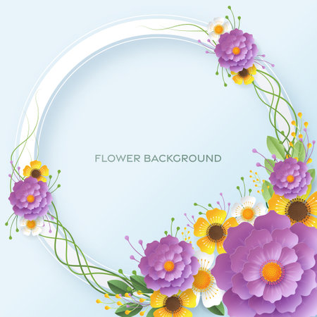 Wedding invitation floral card. Paper cut flowers for decor, realistic effect. Bright holiday design. with flowers paper cutのイラスト素材