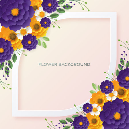 Wedding invitation floral card. Paper cut flowers for decor, realistic effect. Bright holiday design. with flowers paper cutのイラスト素材