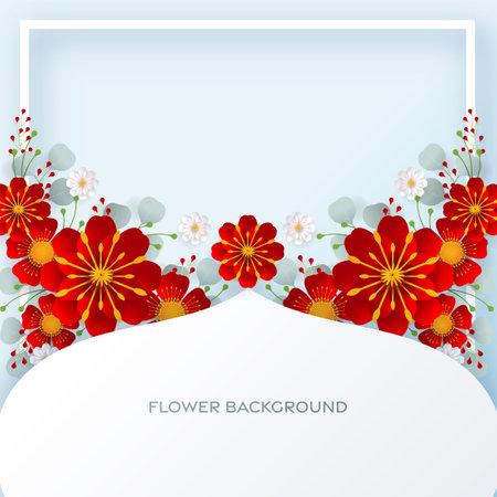 Wedding invitation floral card. Paper cut flowers for decor, realistic effect. Bright holiday design. with flowers paper cutのイラスト素材
