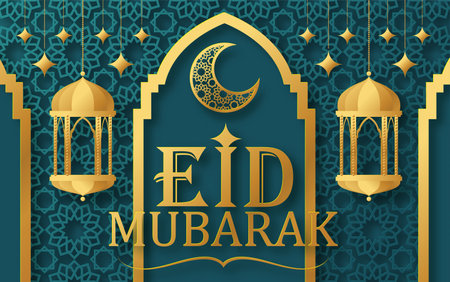 Eid Mubarak with Crescent Moon and Mosque ConceptÂ  paper cut.のイラスト素材