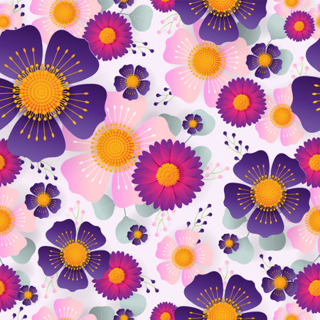 seamless floral pattern with colorful flowers and leaves on  background.のイラスト素材