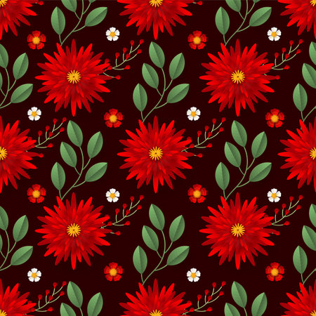 seamless floral pattern with colorful flowers and leaves on  background.のイラスト素材