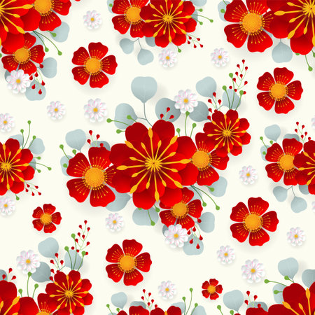 seamless floral pattern with colorful flowers and leaves on  background.のイラスト素材