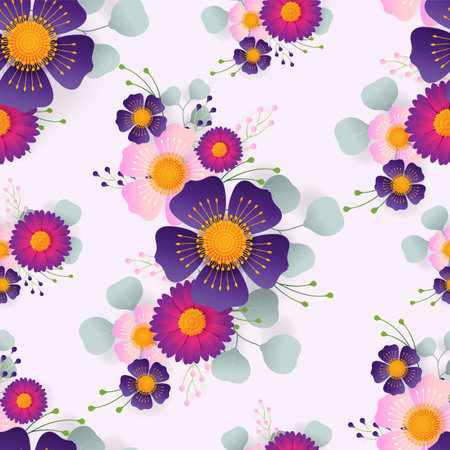 seamless floral pattern with colorful flowers and leaves on  background.のイラスト素材