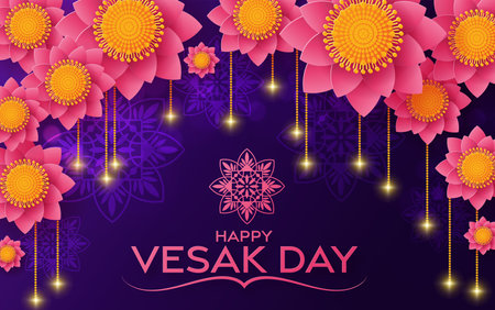 Happy Vesak Day Wishes Cards With Lotus Flowers flat design.のイラスト素材
