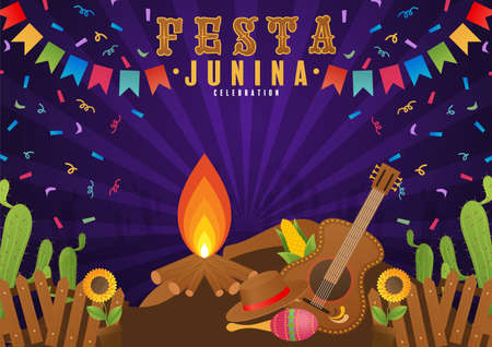 Festa Junina Poster June Festival. Folklore Holiday Guitar Accordion Cactus Summer Sunflower Campfire.のイラスト素材