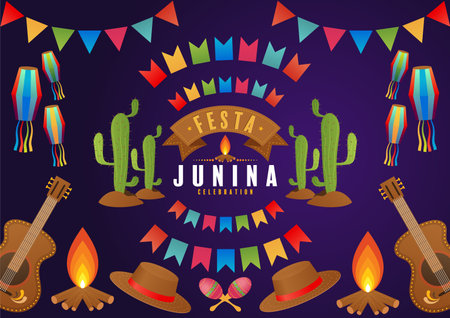 Festa Junina Poster June Festival. Folklore Holiday Guitar Accordion Cactus Summer Sunflower...