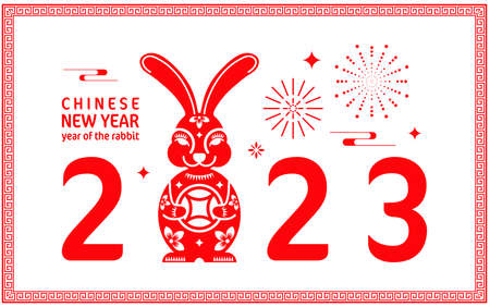 Happy chinese new year 2023 year of the rabbit zodiac with on color Background. (Translation : Happy new year)のイラスト素材