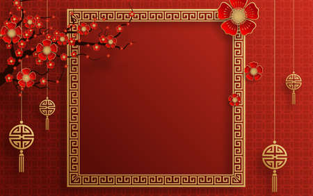 Chinese frame background red and gold color with asian elements.のイラスト素材