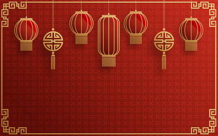 Chinese frame background red and gold color with asian elements.のイラスト素材