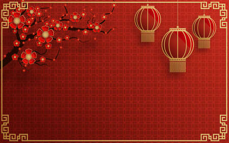 Chinese frame background red and gold color with asian elements.のイラスト素材