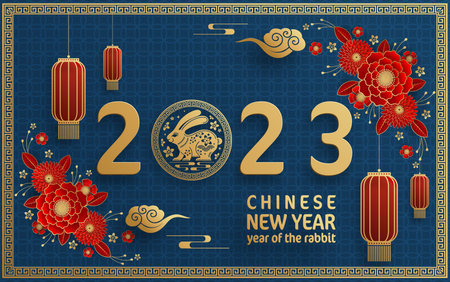 Happy chinese new year 2023 year of the rabbit zodiac with on color Background. (Translation : Happy...