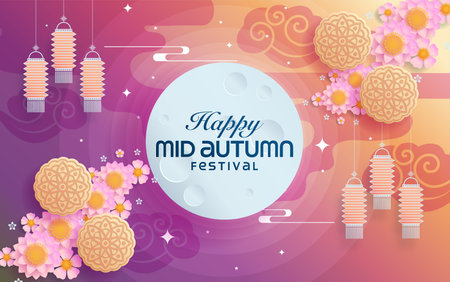 Mid autumn festival paper art style with full moon, moon cake, chinese lantern and rabbits on background.のイラスト素材