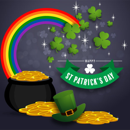 St. Patrick's Day invitation to a holiday, corporate holiday a leprechaun hat,shamrock, pot of gold coins,rainbow, background color. Vector illustration.のイラスト素材