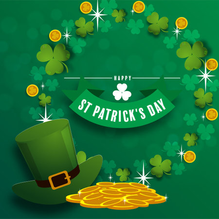 St. Patrick's Day invitation to a holiday, corporate holiday a leprechaun hat,shamrock, pot of gold coins,rainbow, background color. Vector illustration.のイラスト素材