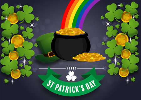 St. Patrick's Day invitation to a holiday, corporate holiday a leprechaun hat,shamrock, pot of gold coins,rainbow, background color. Vector illustration.のイラスト素材