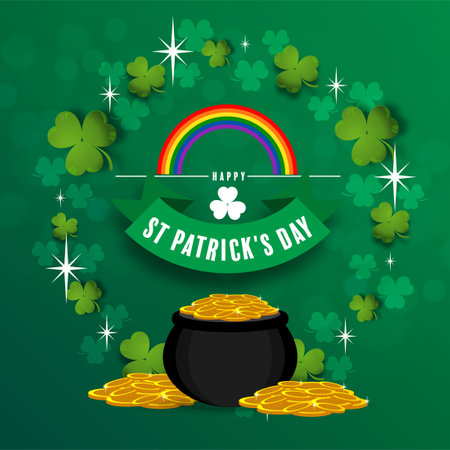 St. Patrick's Day invitation to a holiday, corporate holiday a leprechaun hat,shamrock, pot of gold coins,rainbow, background color. Vector illustration.のイラスト素材