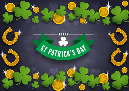 St. Patrick's Day invitation to a holiday, corporate holiday a leprechaun hat,shamrock, pot of gold coins,rainbow, background color. Vector illustration.の写真素材