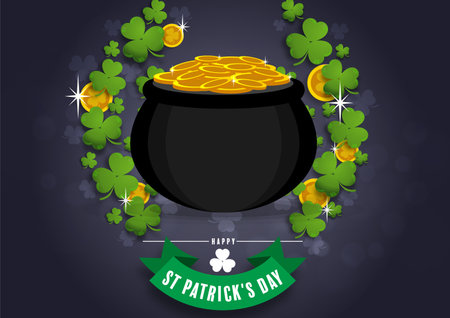 St. Patrick's Day invitation to a holiday, corporate holiday a leprechaun hat,shamrock, pot of gold coins,rainbow, background color. Vector illustration.のイラスト素材