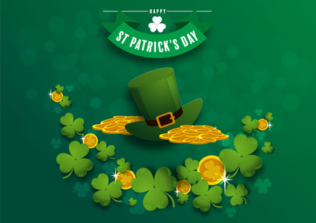 St. Patrick's Day invitation to a holiday, corporate holiday a leprechaun hat,shamrock, pot of gold coins,rainbow, background color. Vector illustration.のイラスト素材