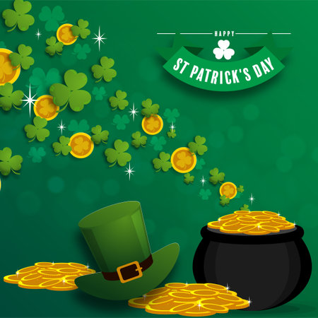 St. Patrick's Day invitation to a holiday, corporate holiday a leprechaun hat,shamrock, pot of gold coins,rainbow, background color. Vector illustration.のイラスト素材