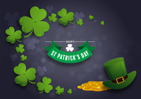 St. Patrick's Day invitation to a holiday, corporate holiday a leprechaun hat,shamrock, pot of gold coins,rainbow, background color. Vector illustration.のイラスト素材