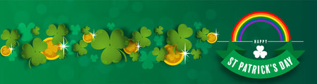 St. Patrick's Day invitation to a holiday, corporate holiday a leprechaun hat,shamrock, pot of gold coins,rainbow, background color. Vector illustration.のイラスト素材