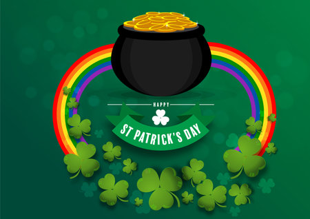 St. Patrick's Day invitation to a holiday, corporate holiday a leprechaun hat,shamrock, pot of gold coins,rainbow, background color. Vector illustration.のイラスト素材