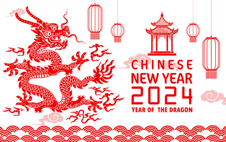 Happy chinese new year 2024 year of the chinese dragon zodiac with on color Background. ( Translation : happy new year, chinese dragon )のイラスト素材