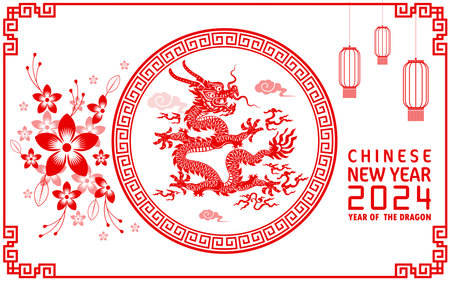 Happy chinese new year 2024 year of the chinese dragon zodiac with on color Background. ( Translation : happy new year, chinese dragon )のイラスト素材