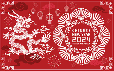 Happy chinese new year 2024 year of the chinese dragon zodiac with on color Background. ( Translation : happy new year, chinese dragon )のイラスト素材