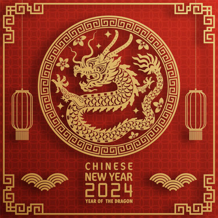 Happy chinese new year 2024 year of the chinese dragon zodiac with on color Background. ( Translation : happy new year, chinese dragon )のイラスト素材