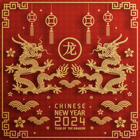 Happy chinese new year 2024 year of the chinese dragon zodiac with on color Background. ( Translation : happy new year, chinese dragon )のイラスト素材