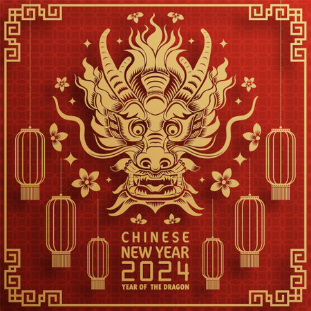 Happy chinese new year 2024 year of the chinese dragon zodiac with on color Background. ( Translation : happy new year, chinese dragon )のイラスト素材
