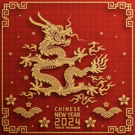 Happy chinese new year 2024 year of the chinese dragon zodiac with on color Background. ( Translation : happy new year, chinese dragon )のイラスト素材
