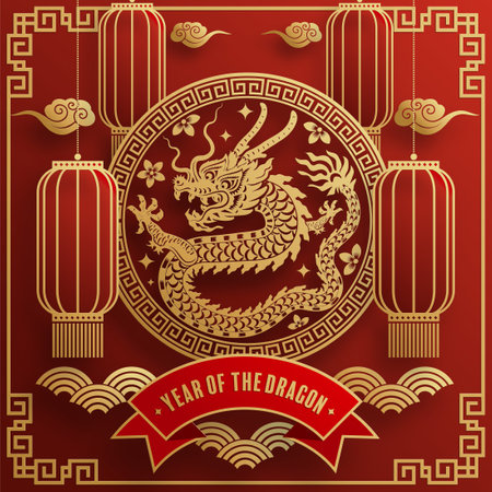 Happy chinese new year 2024 year of the chinese dragon zodiac with on color Background. ( Translation : happy new year, chinese dragon )のイラスト素材