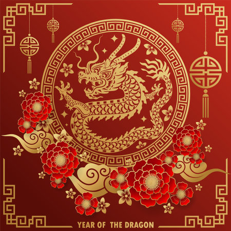 Happy chinese new year 2024 year of the chinese dragon zodiac with on color Background. ( Translation : happy new year, chinese dragon )のイラスト素材