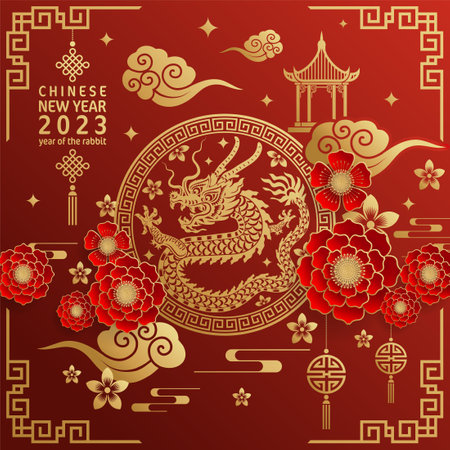 Happy chinese new year 2024 year of the chinese dragon zodiac with on color Background. ( Translation : happy new year, chinese dragon )のイラスト素材