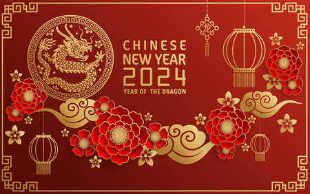 Happy chinese new year 2024 year of the chinese dragon zodiac with on color Background. ( Translation : happy new year, chinese dragon )の写真素材