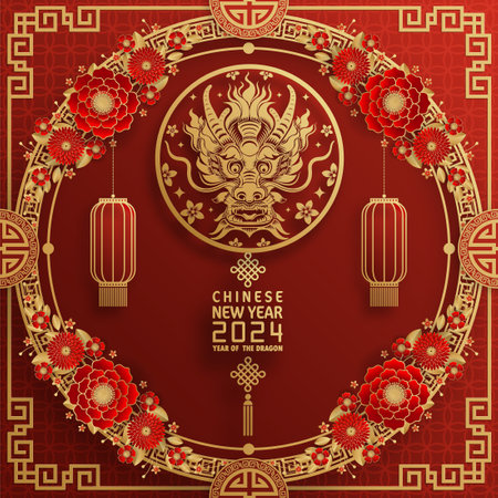 Happy chinese new year 2024 year of the chinese dragon zodiac with on color Background. ( Translation : happy new year, chinese dragon )のイラスト素材