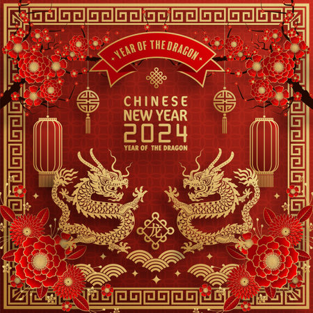 Happy chinese new year 2024 year of the chinese dragon zodiac with on color Background. ( Translation : happy new year, chinese dragon )のイラスト素材