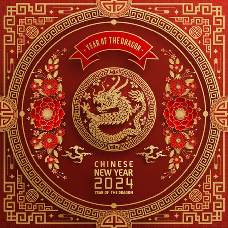 Happy chinese new year 2024 year of the chinese dragon zodiac with on color Background. ( Translation : happy new year, chinese dragon )の写真素材