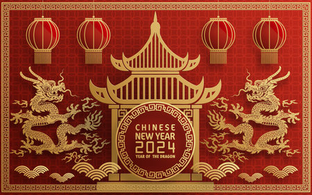 Happy chinese new year 2024 year of the chinese dragon zodiac with on color Background. ( Translation : happy new year, chinese dragon )&#xA;のイラスト素材