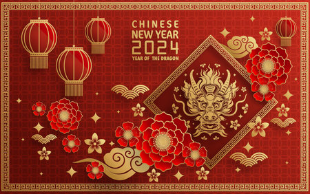 Happy chinese new year 2024 year of the chinese dragon zodiac with on color Background. ( Translation : happy new year, chinese dragon )&#xA;のイラスト素材