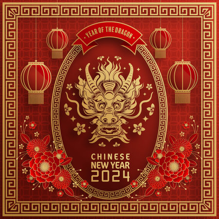 Happy chinese new year 2024 year of the chinese dragon zodiac with on color Background. ( Translation : happy new year, chinese dragon )&#xA;のイラスト素材