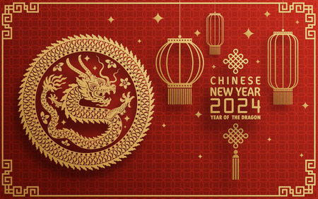 Happy chinese new year 2024 year of the chinese dragon zodiac with on color Background. ( Translation : happy new year, chinese dragon )&#xA;のイラスト素材