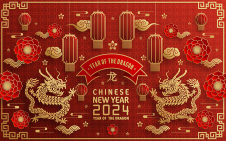 Happy chinese new year 2024 year of the chinese dragon zodiac with on color Background. ( Translation : happy new year, chinese dragon )&#xA;のイラスト素材