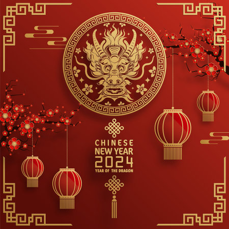 Happy chinese new year 2024 year of the chinese dragon zodiac with on color Background. ( Translation : happy new year, chinese dragon )&#xA;のイラスト素材