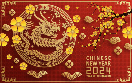 Happy chinese new year 2024 year of the chinese dragon zodiac with on color Background. ( Translation : happy new year, chinese dragon )&#xA;のイラスト素材