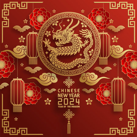 Happy chinese new year 2024 year of the chinese dragon zodiac with on color Background. ( Translation : happy new year, chinese dragon )のイラスト素材